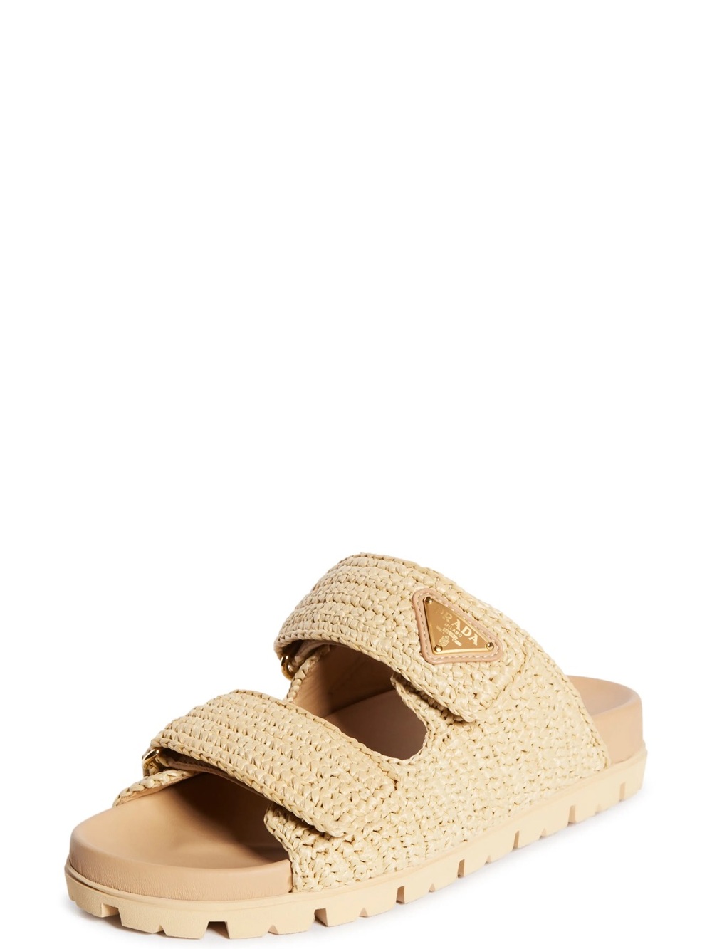 Prada Beige Woven Double-Strap Slide Sandal with Gold Logo